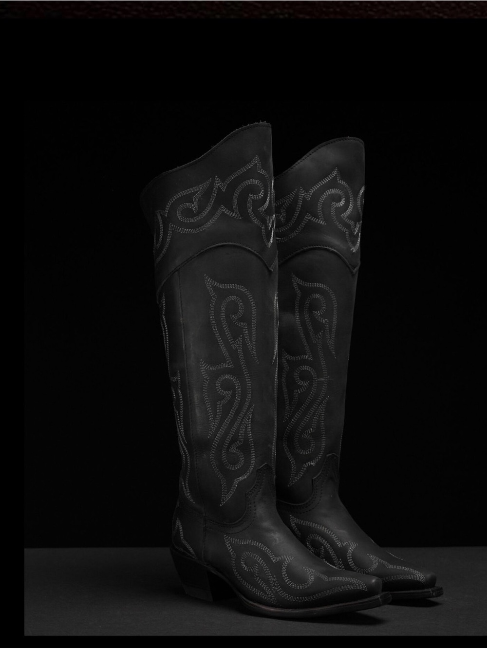 Black Embroidered Knee-High Heeled Boots - Alfa Western Danna